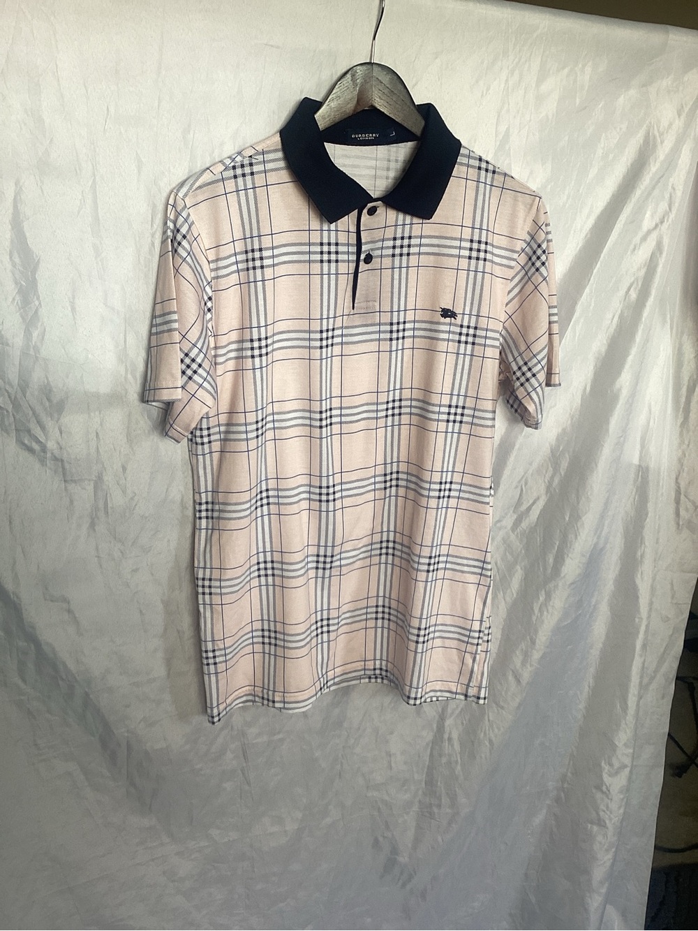 Burberry Men's Plaid Polo Shirt - Light Pink with Navy Collar